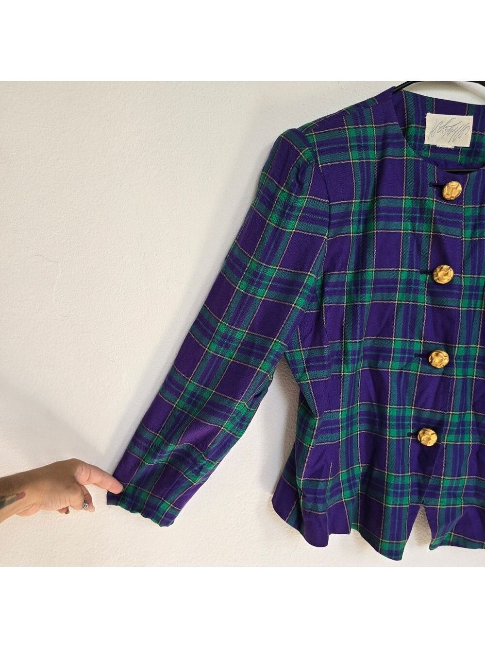 Lord & Taylor Purple Green Plaid Vintage Blazer Chunky Gold Buttons - Picture 3 of 14